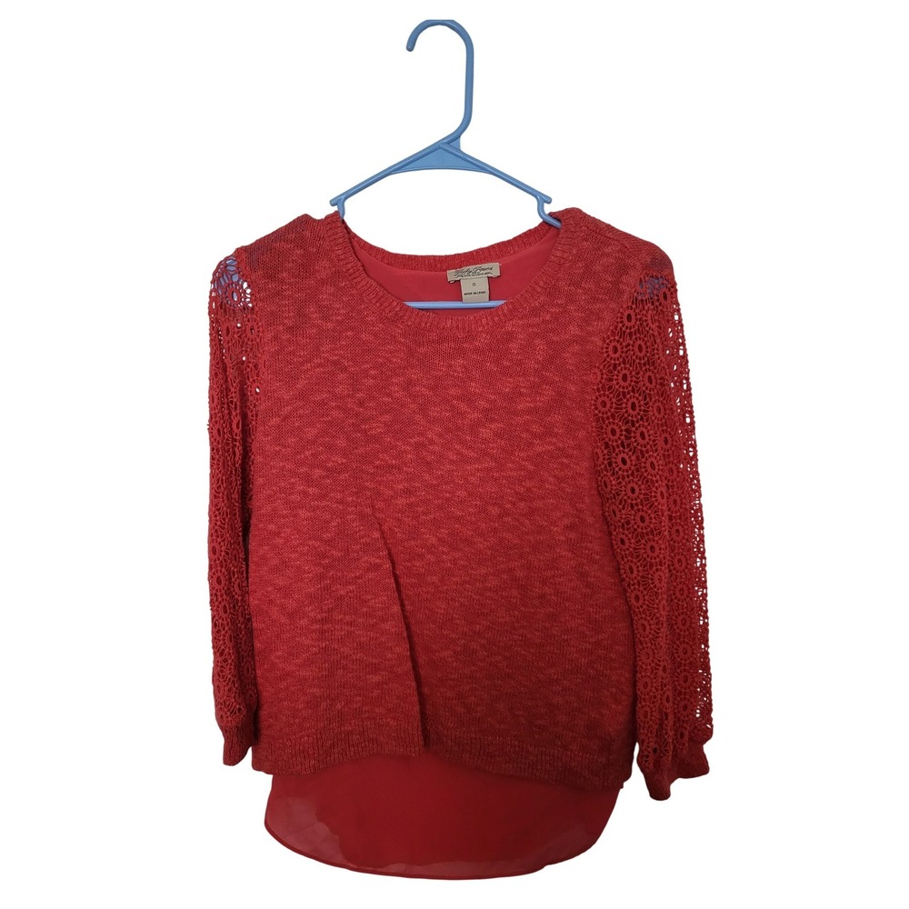 Lucky Brand Layered Knit Sweater Womens Small Red Crochet Lace Sleeve Split Back